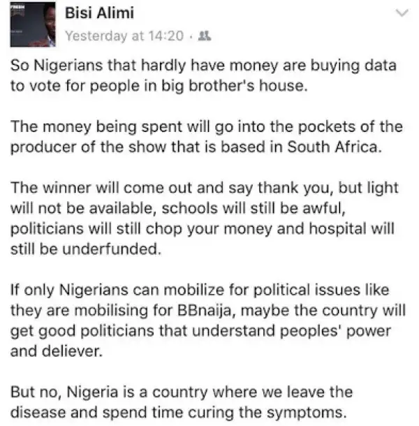 Bisi Alimi Slams Nigerians Voting For BBNaija Housemates